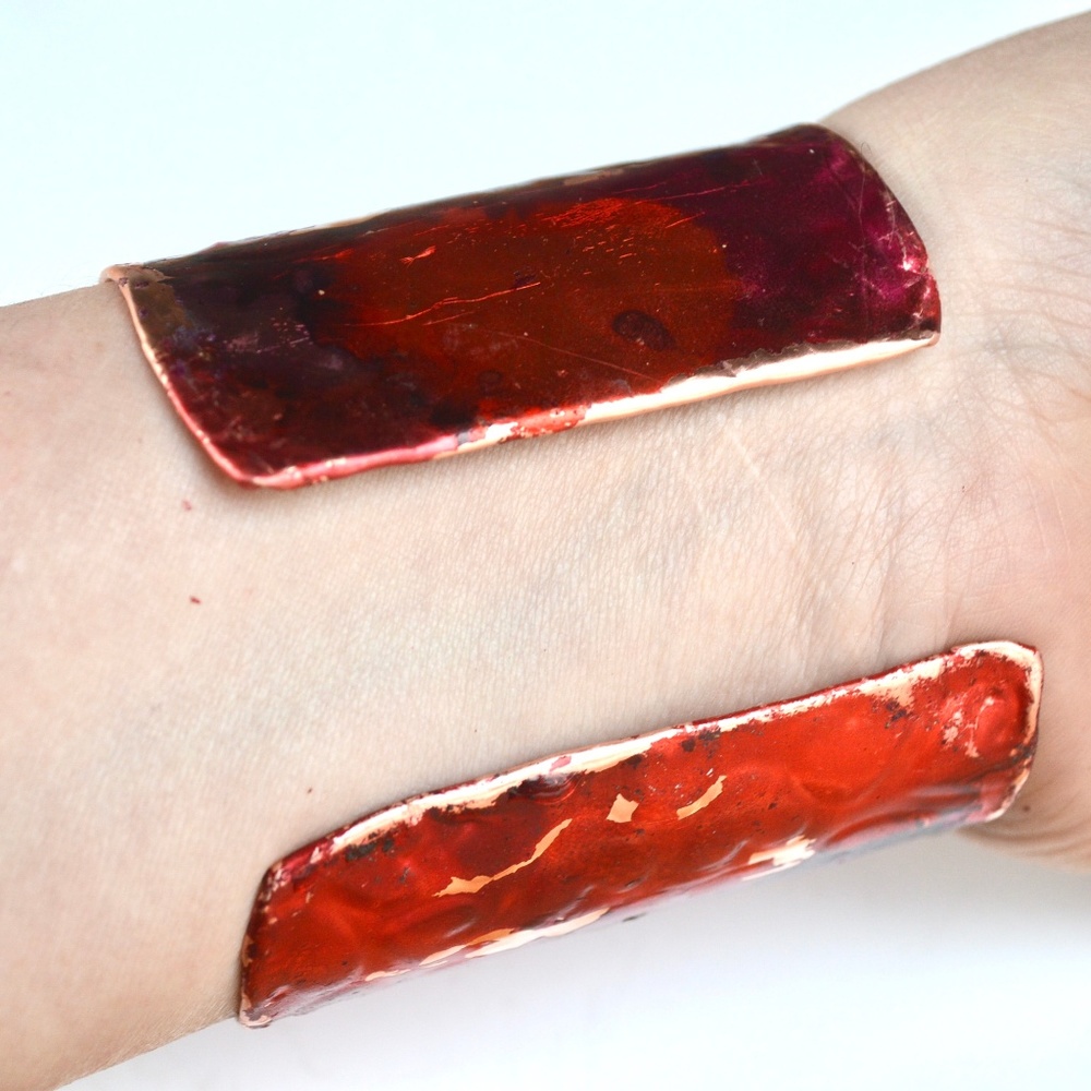 Pink Red Purple Hearts Copper Cuff Bracelet Wide Handmade Boho Gift Statement - Picture 6 of 8